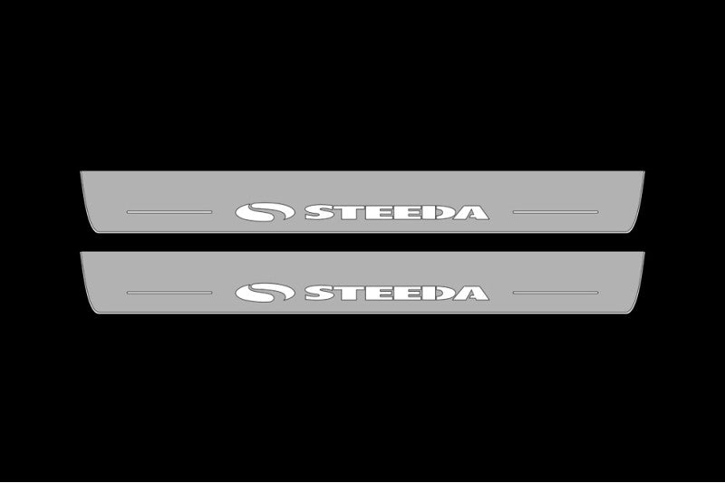 Illuminated LED Door Sill Tread Plates Ford Mustang VI 2015-2023 With Steeda Logo Ford Led Door Sills opdesign