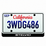 STELVIO illuminated LED license plate badge below a California-style 12 by 6 inch example plate; plate not included