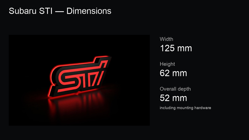 Subaru STI dimensions: 125 × 62 mm; overall depth including mounting hardware: 52 mm