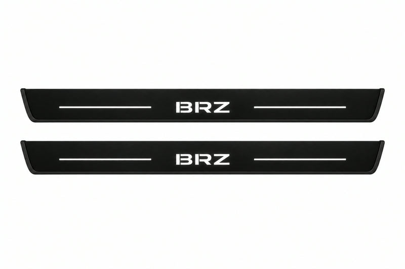 Catalog illustration of two front black Matte PRO LED door sill plates with illuminated BRZ lettering for Subaru BRZ Coupe ZD8.