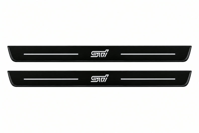 Catalog illustration of two front black Matte PRO LED door sill plates with illuminated STI lettering for Subaru BRZ Coupe ZD8.