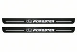 Catalogue illustration of two front black Matte PRO LED door sill plates with illuminated Forester lettering for Subaru Forester SJ; dimensions are selected during manufacture.