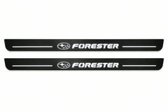 Catalogue illustration of two front black Matte PRO LED door sill plates with illuminated Forester lettering for Subaru Forester SJ; dimensions are selected during manufacture.