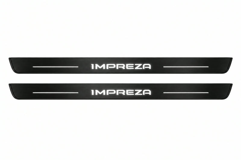 Catalogue illustration of two front black Matte PRO LED door sill plates with illuminated Impreza lettering for Subaru Impreza IV; dimensions are selected during manufacture.