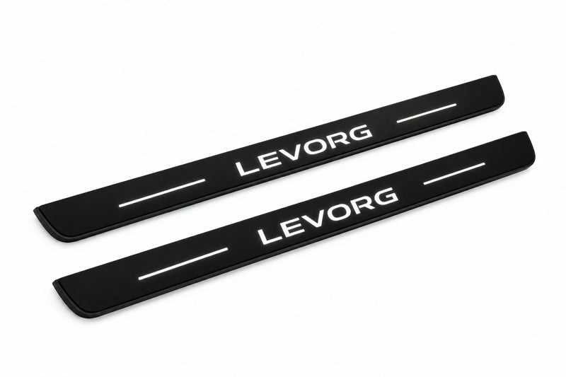 Catalogue illustration of two front black Matte PRO LED door sill plates with illuminated Levorg lettering for Subaru Levorg I; dimensions are selected during manufacture.