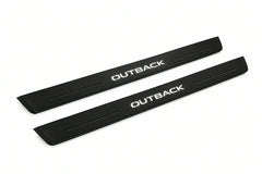 Catalogue illustration of two front black Matte PRO LED door sill plates with illuminated Outback lettering for Subaru Outback VI; dimensions are selected during manufacture.