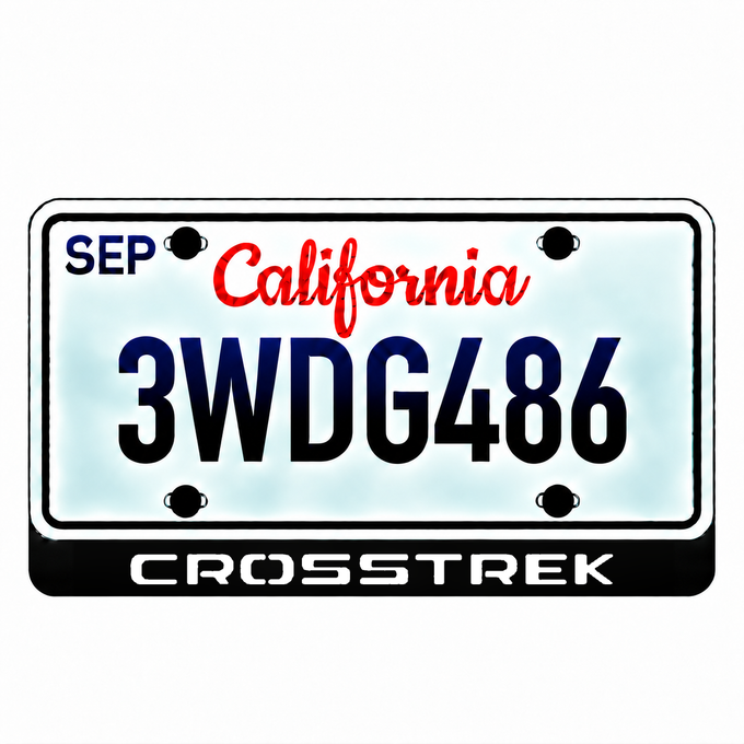 Subaru Crosstrek illuminated LED license plate badge with the shown artwork below an illustrative US plate; plate not included