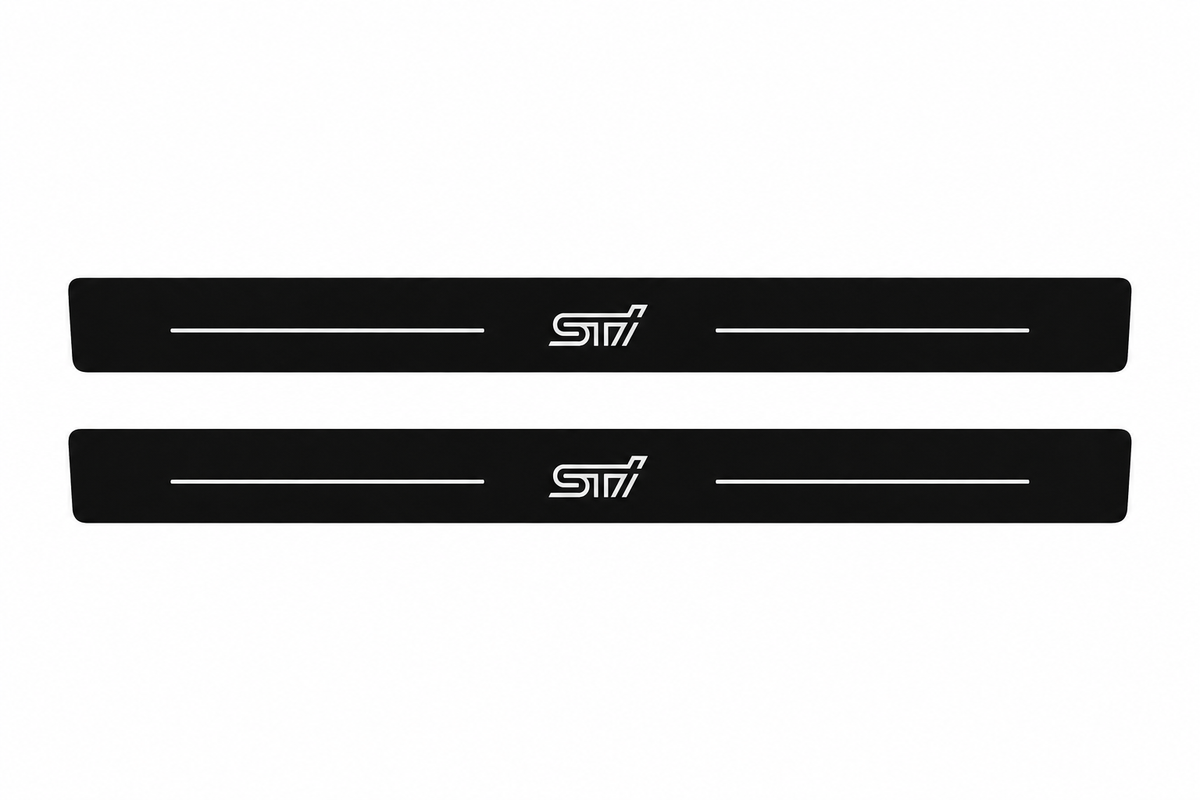 Subaru WRX STI I STI Matte PRO LED door sills, FRONT two-piece catalogue illustration, matte black with white illumination