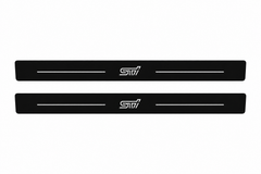 Subaru WRX STI I STI Matte PRO LED door sills, FRONT two-piece catalogue illustration, matte black with white illumination