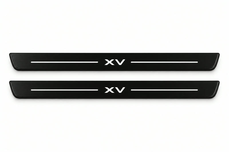Catalogue illustration of two front black Matte PRO LED door sill plates with illuminated XV lettering for Subaru XV GP; dimensions are selected during manufacture.