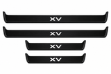 Catalogue illustration of two long black Matte PRO front sill plates and two shorter rear plates with XV lettering illuminated on the top. Side edges unlit; vehicle-specific dimensions are not depicted. FRONT option includes front plates only.