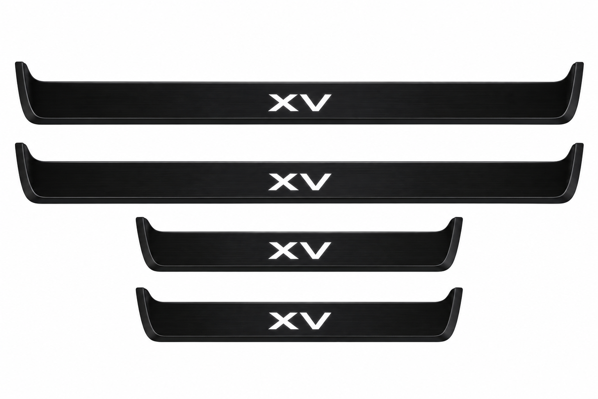 Catalogue illustration of two long black Matte PRO front sill plates and two shorter rear plates with XV lettering illuminated on the top. Side edges unlit; vehicle-specific dimensions are not depicted. FRONT option includes front plates only.