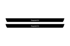 Catalog illustration of two black front door sill plates with SuperB lettering.