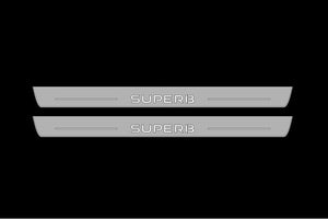 Illuminated LED Door Sill Tread Plates Skoda SuperB III 2015-2023 With SuperB Logo Skoda Led Door Sills opdesign
