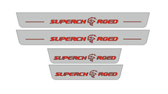 Catalog illustration of four gray door sill plates with red Supercharged lettering incorporating a Hellcat-head emblem on a white background.
