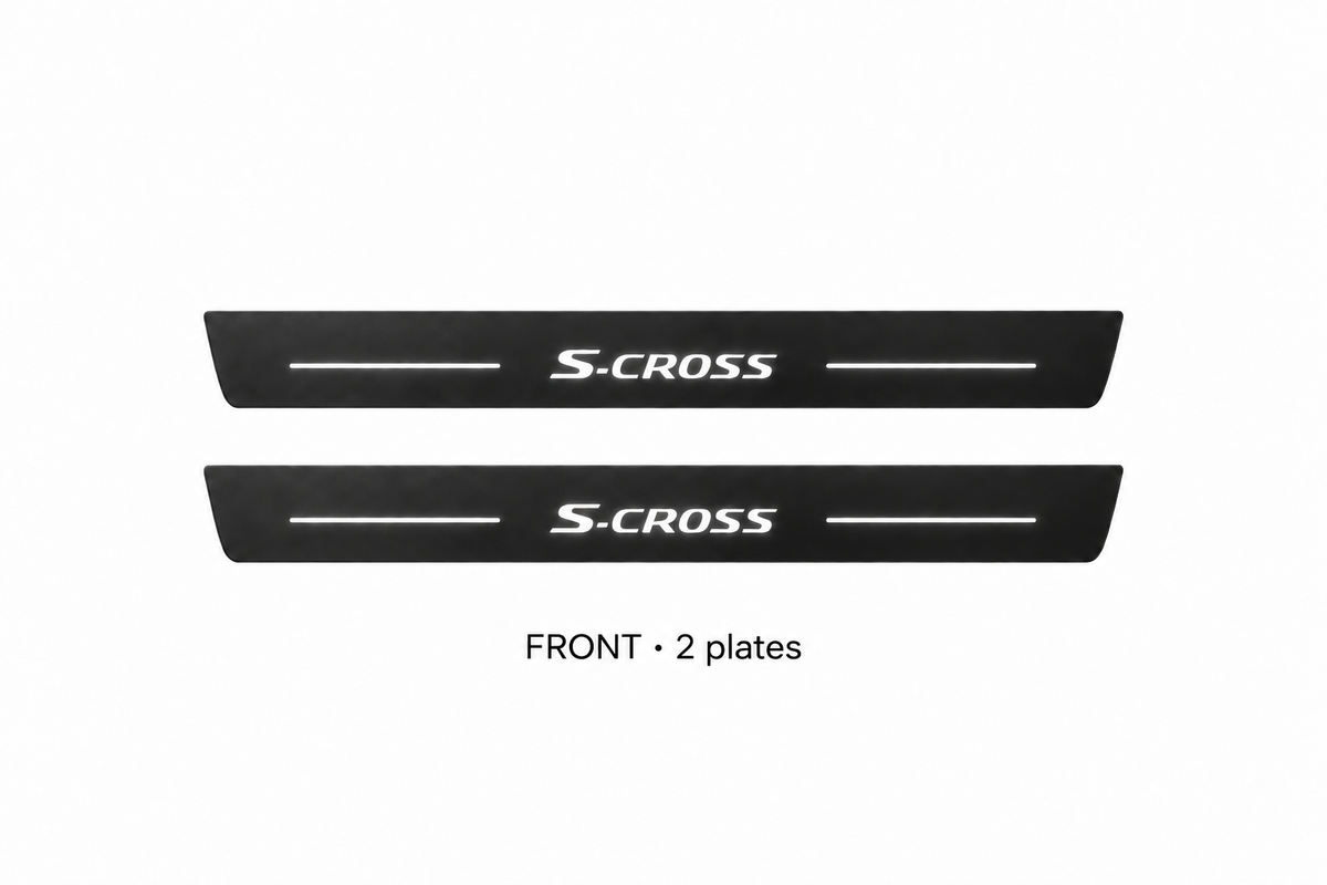 Suzuki S-Cross II Matte PRO catalogue illustration: two black FRONT plates with illuminated S.CROSS lettering on white