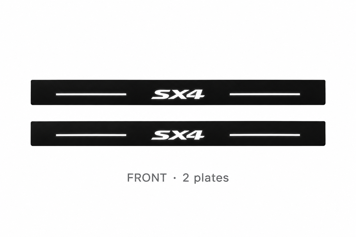 Suzuki SX4 II Matte PRO catalogue illustration: two black FRONT plates with illuminated SX4 lettering on white