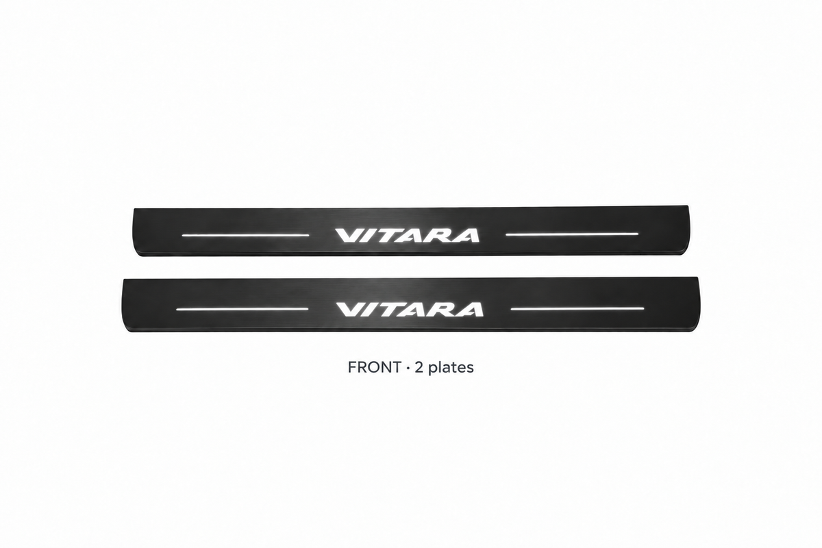 Suzuki Vitara Matte PRO catalogue illustration: two flat black FRONT plates with illuminated VITARA lettering on white background