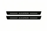 Catalogue illustration of two front black Matte PRO LED door sill plates with illuminated Juniper lettering for Tesla Model Y Juniper; dimensions are selected during manufacture.