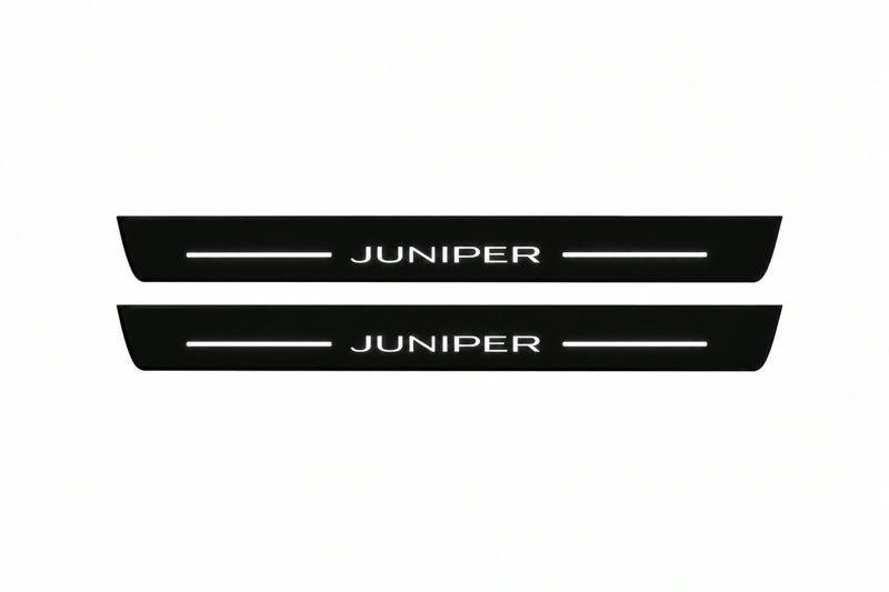 Catalogue illustration of two front black Matte PRO LED door sill plates with illuminated Juniper lettering for Tesla Model Y Juniper; dimensions are selected during manufacture.