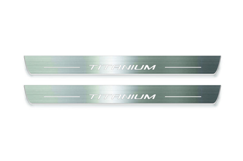 LED door sill plates Ford Fusion II CD4 2012+ in stainless steel with Titanium logo