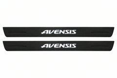 Catalogue illustration of two front black Matte PRO LED door sill plates with illuminated Avensis lettering for Toyota Avensis III T270; dimensions are selected during manufacture.
