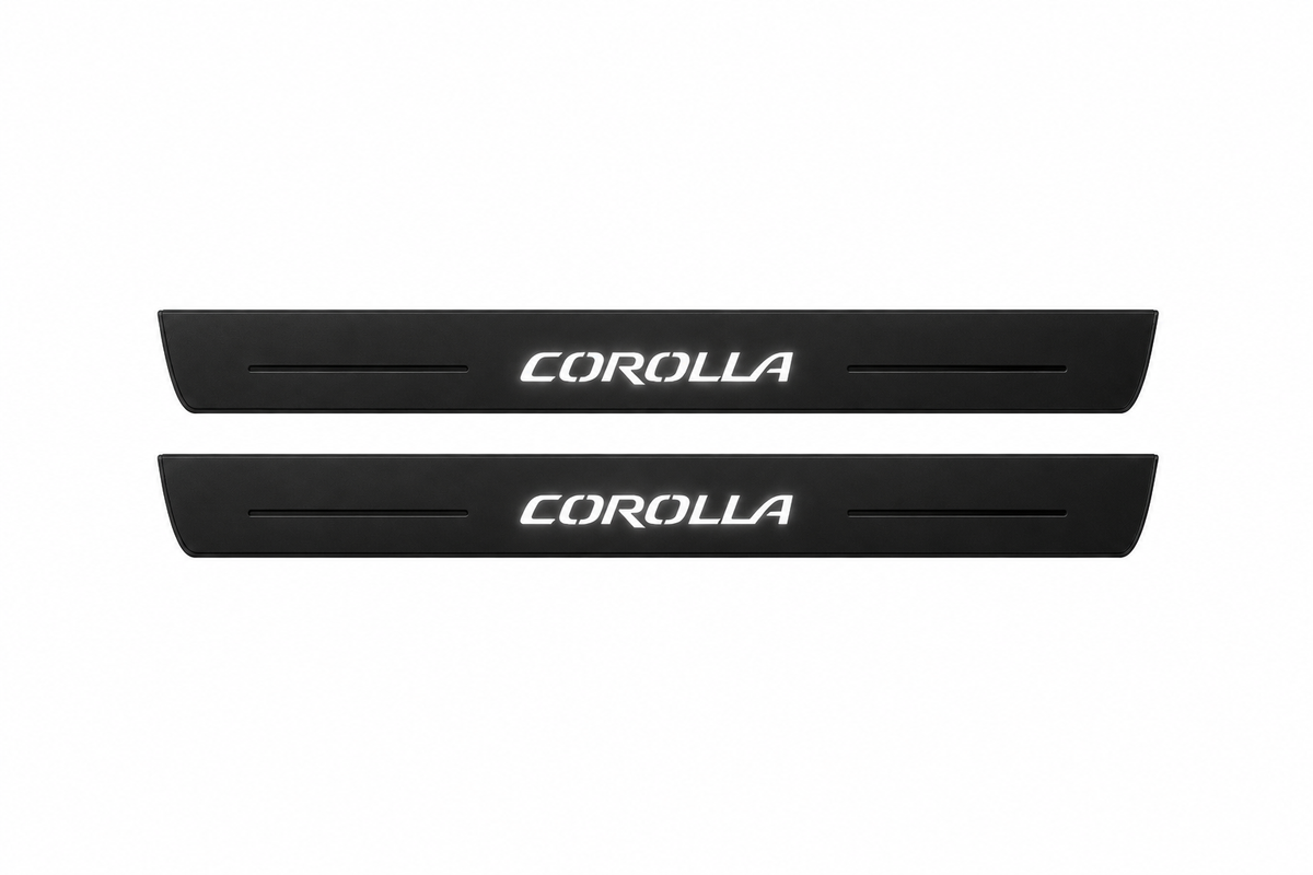 Catalogue illustration of two black Matte PRO front door sill plates with illuminated stylized COROLLA lettering on the top surface. Decorative lines and edges are unlit; rear plates for FRONT+REAR are not pictured. Final dimensions are selected for the Toyota Corolla E210 during manufacture.