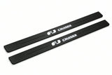 Catalogue illustration of two front black Matte PRO LED door sill plates with illuminated FJ Cruiser lettering for Toyota FJ Cruiser XJ10; dimensions are selected during manufacture.