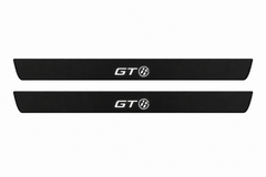 Catalogue illustration of two black Matte PRO front door sill plates with illuminated GT86 lettering on top. The edges remain unlit. No rear plates are shown; final dimensions are chosen for the GT86 Coupe ZN6 during manufacture.