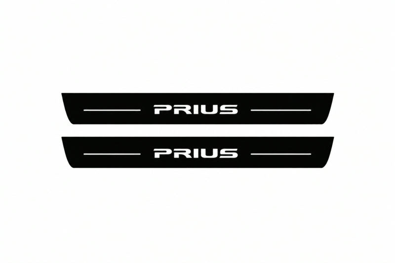 Catalogue illustration of two front black Matte PRO LED door sill plates with illuminated Prius lettering for Toyota Prius XW30; dimensions are selected during manufacture.