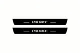 Catalogue illustration of two front black Matte PRO LED door sill plates with illuminated ProAce lettering for Toyota ProAce Van K0; dimensions are selected during manufacture.