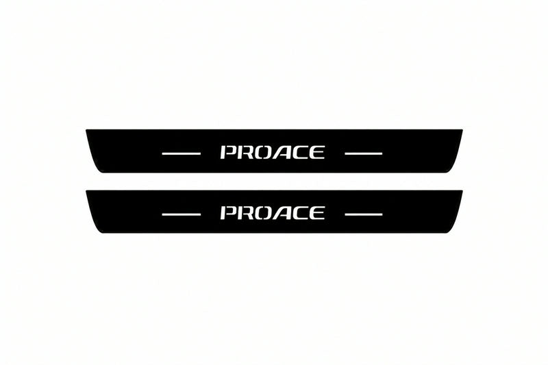 Catalogue illustration of two front black Matte PRO LED door sill plates with illuminated ProAce lettering for Toyota ProAce Van K0; dimensions are selected during manufacture.
