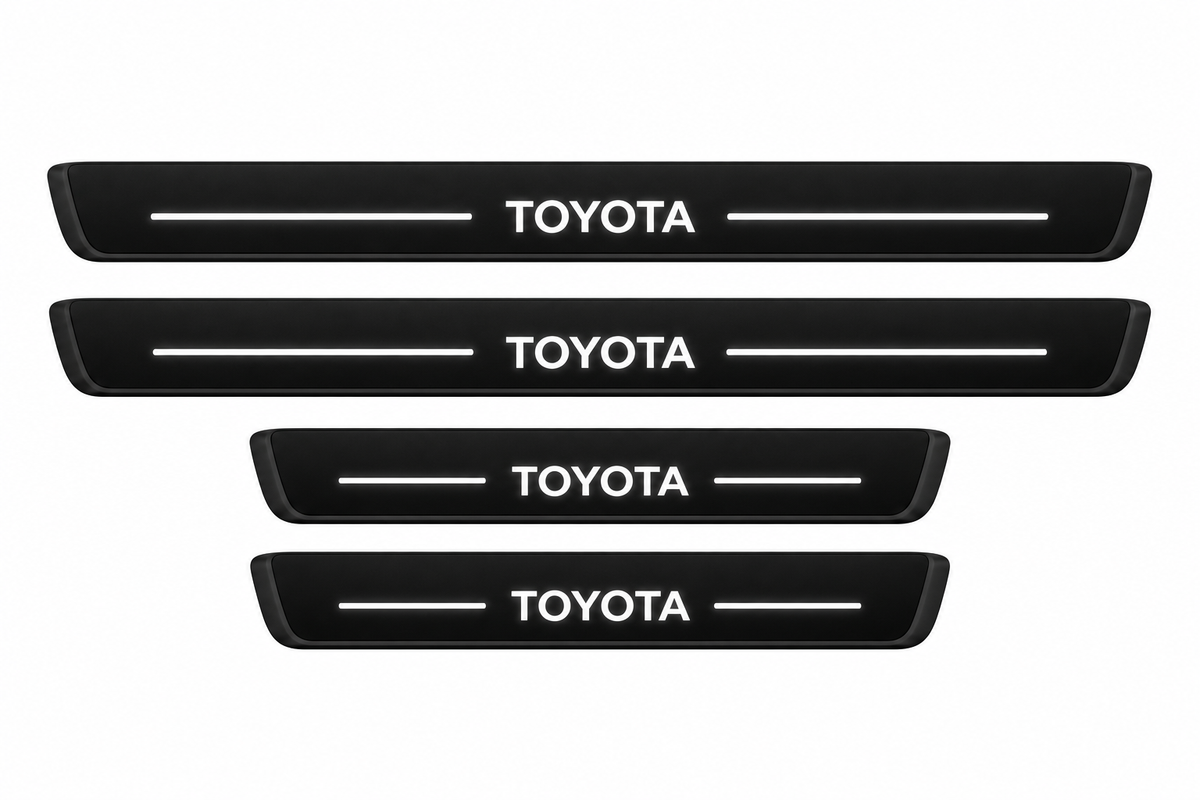 Catalogue illustration of two long front and two shorter rear black Matte PRO door sill plates with illuminated TOYOTA lettering and straight top lines; edges unlit. Exact RAV4 XA50 dimensions are selected for the vehicle.