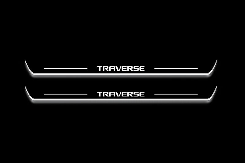 stainless steel LED door sill plates for Chevrolet Traverse II C1 2018+ with Traverse logo
