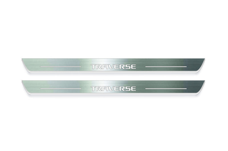 LED door sill plates Chevrolet Traverse II C1 2018+ stainless steel with Traverse logo