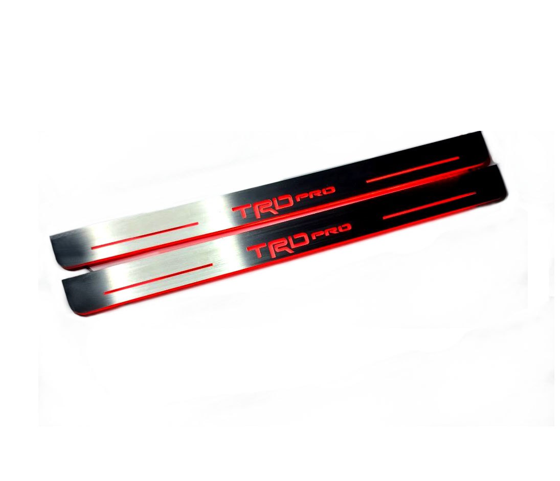 Illuminated LED Door Sill Tread Plates Toyota Tundra III 2014-2021 With TRD pro Logo Toyota Led Door Sills opdesign RED FRONT STAINLESS STEEL