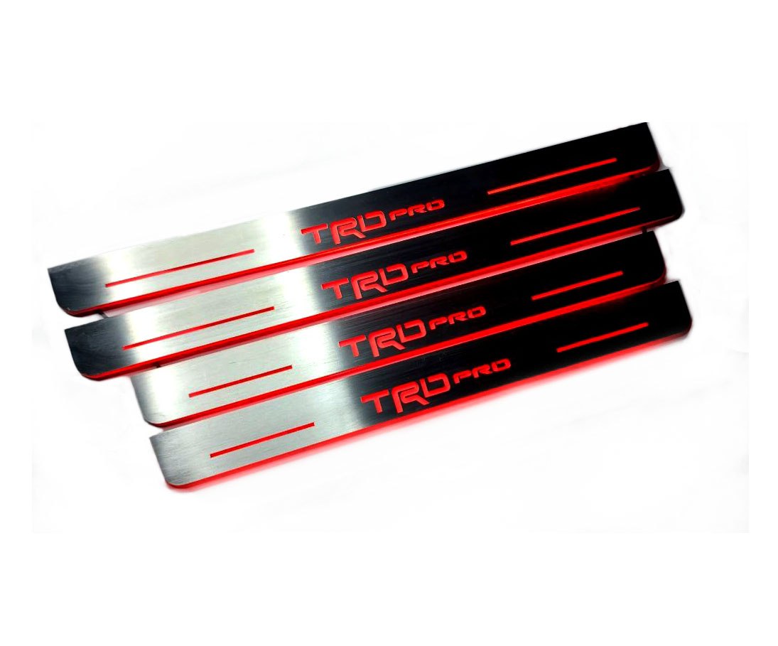 Illuminated LED Door Sill Tread Plates Toyota Tundra III 2014-2021 With TRD pro Logo Toyota Led Door Sills opdesign RED FRONT+REAR STAINLESS STEEL