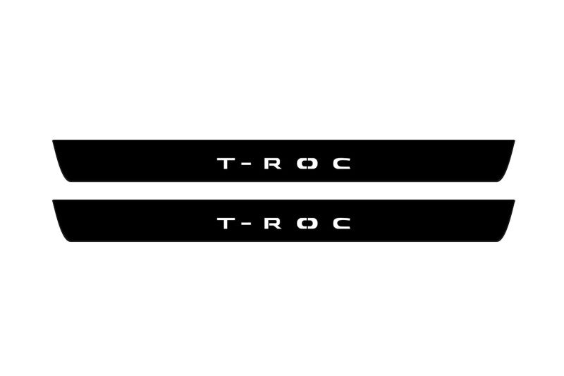 Volkswagen T-Roc 2017+ illuminated entry guards in matte black coated stainless steel with T-Roc logo