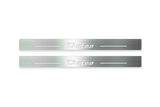 Two long silver-finished door sill plates with Trofeo lettering on a light background, straight-on view.