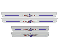Catalog illustration of four gray door sill plates with red outlined TRX lettering incorporating blue dinosaur heads on a white background.
