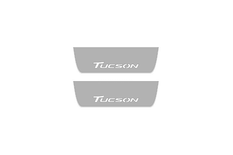 Illuminated LED Door Sill Tread Plates Hyundai Tucson II 2015-2020 With Tucson Logo Hyundai Led Door Sills opdesign