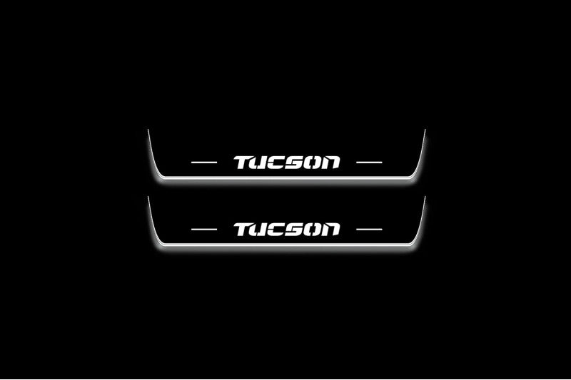Hyundai Tucson I 2004+ door sill plates in stainless steel with Tucson logo