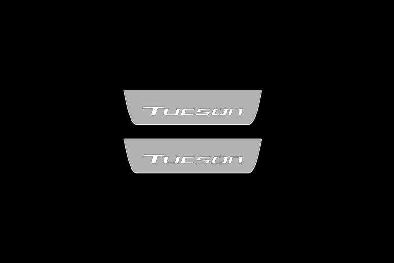 Illuminated LED Door Sill Tread Plates Hyundai Tucson IV With Tucson Logo Hyundai Led Door Sills opdesign