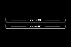 Two long door sill plates with Type R lettering and edges illuminated in white, straight-on view on a dark background.