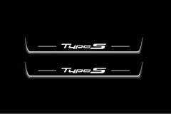 Two long door sill plates with Type S lettering and edges illuminated in white, straight-on view on a dark background.