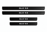Catalog illustration of two front and two rear black Matte PRO door sill plates with GLE 53 lettering illuminated only on top; opaque unlit edges. Final dimensions selected for Mercedes-Benz GLE W167.