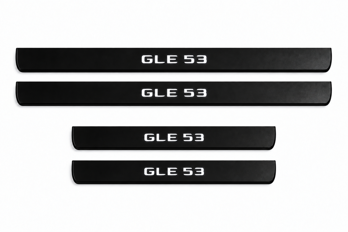 Catalog illustration of two front and two rear black Matte PRO door sill plates with GLE 53 lettering illuminated only on top; opaque unlit edges. Final dimensions selected for Mercedes-Benz GLE W167.