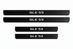 Catalog illustration of two front and two rear black Matte PRO door sill plates with GLE 53 lettering illuminated only on top; opaque unlit edges. Final dimensions selected for Mercedes-Benz GLE W167.