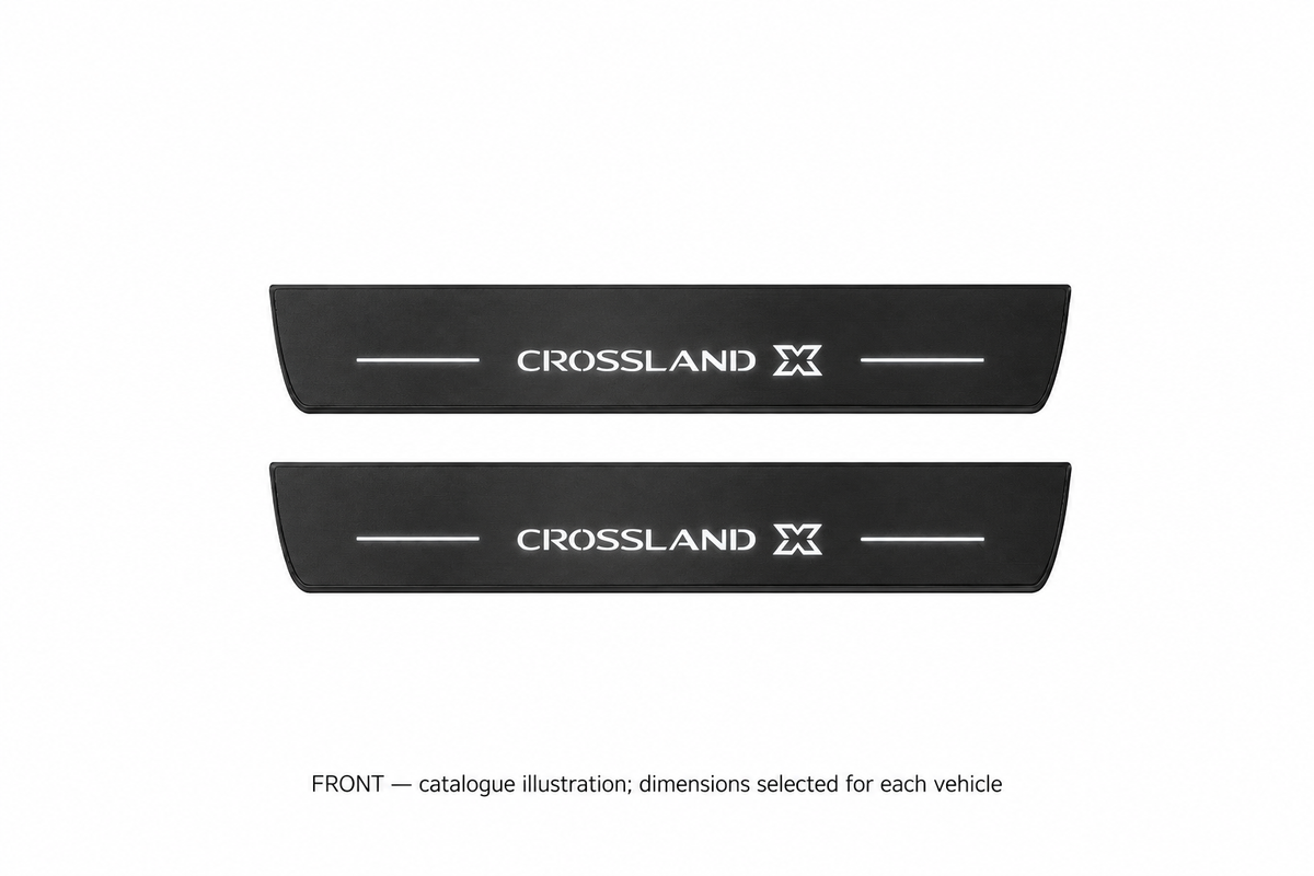 Vauxhall Crossland X Matte PRO catalogue illustration: two flat black FRONT plates with illuminated Crossland X lettering on white; not exact dimensions