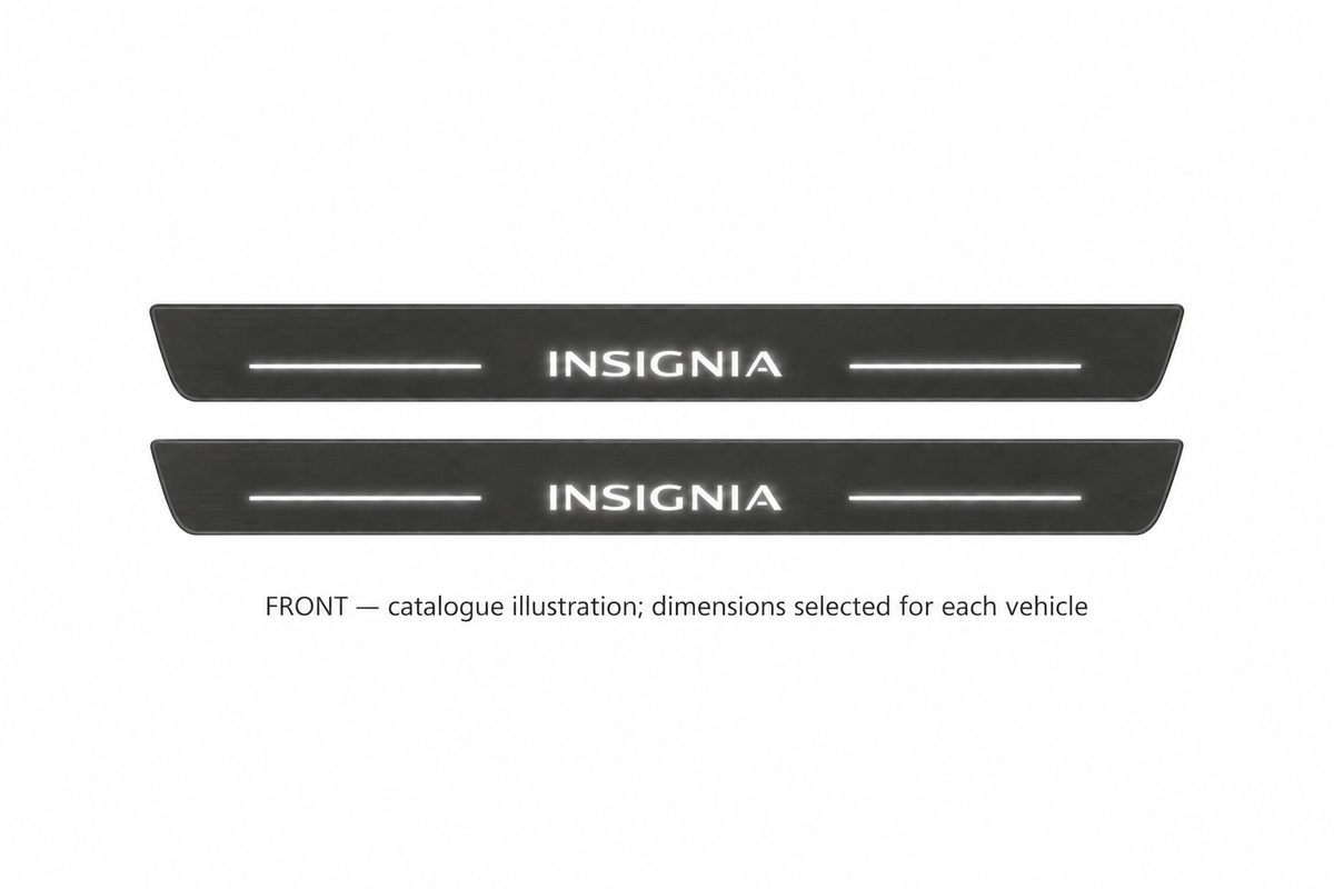 Vauxhall Insignia II Matte PRO catalogue illustration: two flat black FRONT plates with illuminated Insignia lettering on white; not exact dimensions